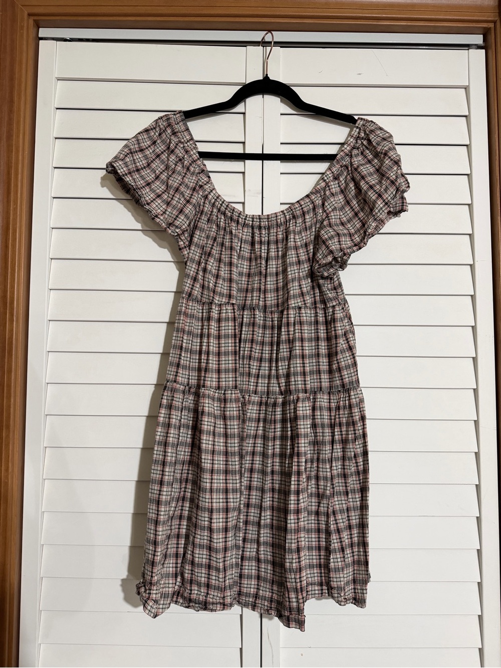 Old Navy Plaid Tiered Mini Dress in black/red/brown plaid